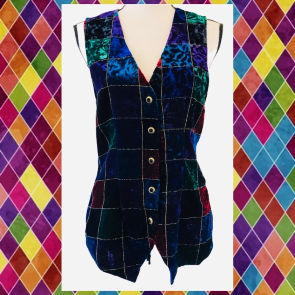 Vintage 90s Impressions Harlequin Baroque Multicolor  Gold Check Velvet Vest S